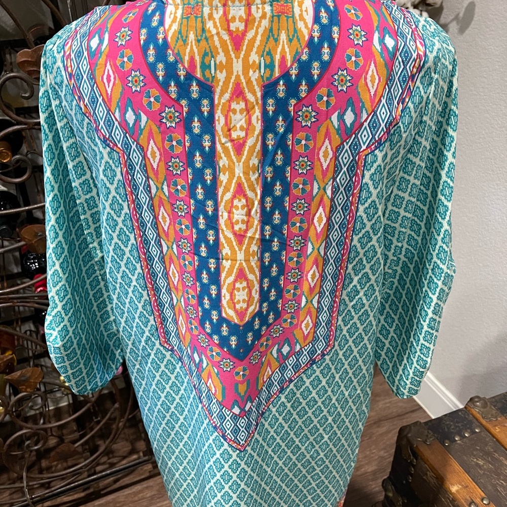 Vibrant Teal and Pink Women's Swim 3/4 length sleeve Swim Coverup - Picture 6 of 9